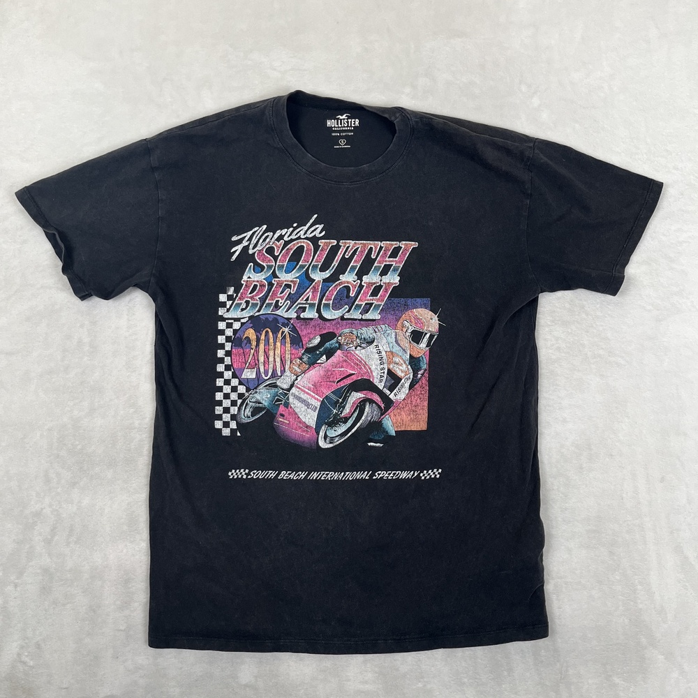 Hollister South Beach 200 T-Shirt Size S Black Motorcycle Racing Retro Graphic